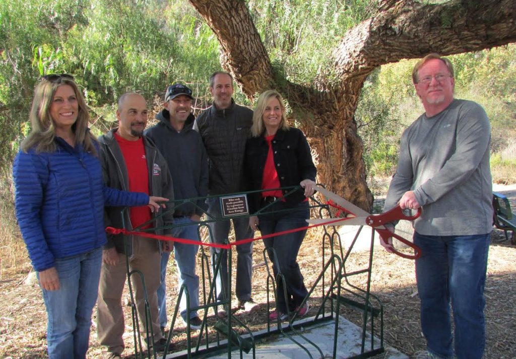 Unveiling the bike rack are Christy Weir Ventura City Council, Jay Licata Aera Energy, Matt Wyatt Aera Energy, Derek Poultney Ventura Hillsides Conservancy, Michelle Newell Aera Energy and Ron Henry  Aera Energy.