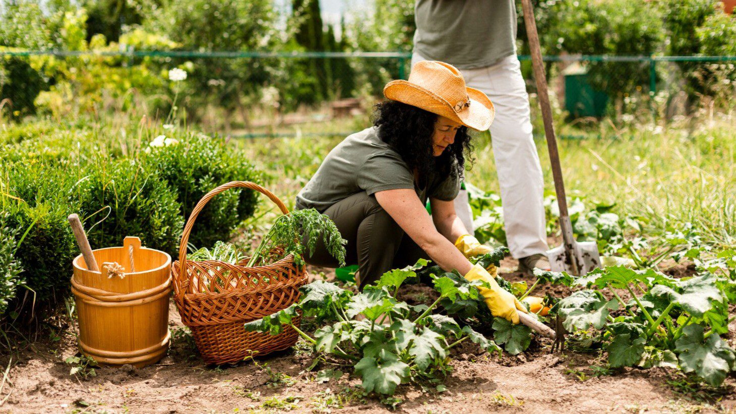 Woman sitting on the ground gardening with a basket next to her.