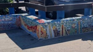 Mosaic-covered bench in Pierpont neighborhood of Ventura, CA.