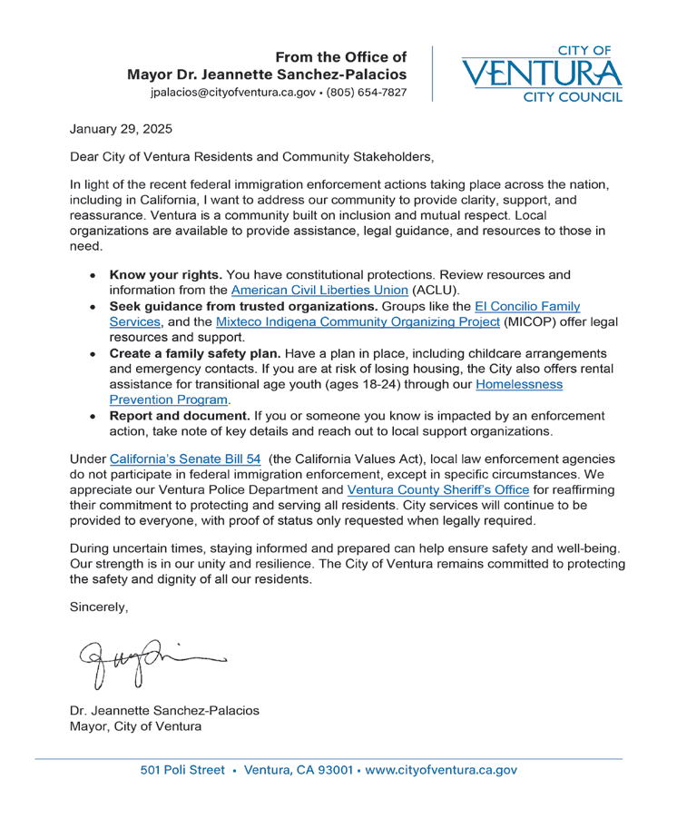 A Letter from Mayor Dr. Jeannette Sánchez-Palacios Regarding Federal Immigration Enforcement
