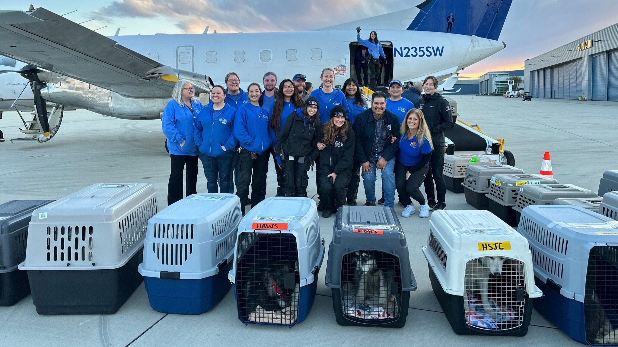 Large dogs in crates on the tarmac in front of plane with team of people - about to fly to Wisconsin.