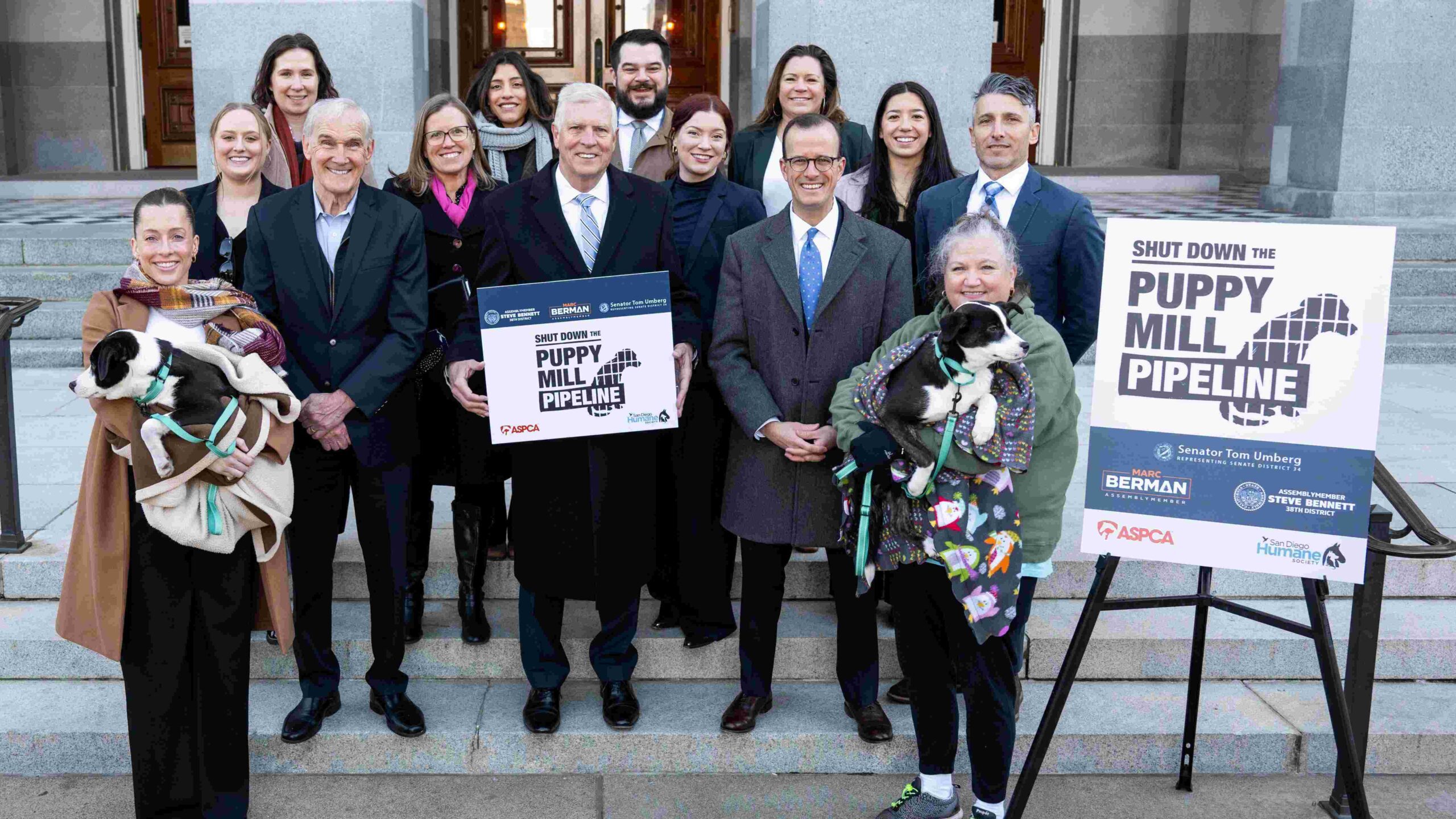 Assemblymember Bennett, Assemblymember Berman and Senator Umberg at Puppy Mill press event.