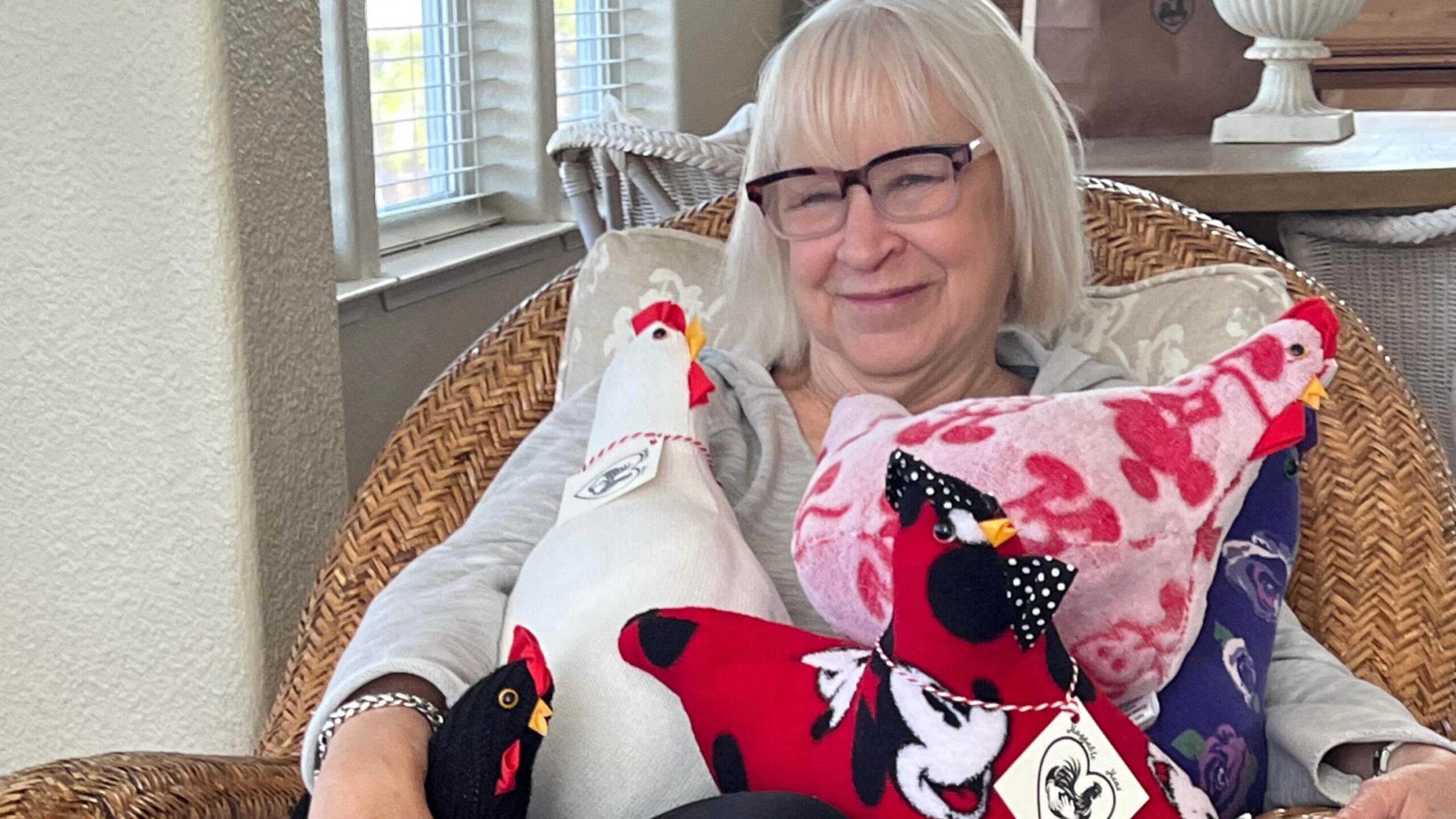 Photo of Sally Williams and her ‘Huggable Hens’.