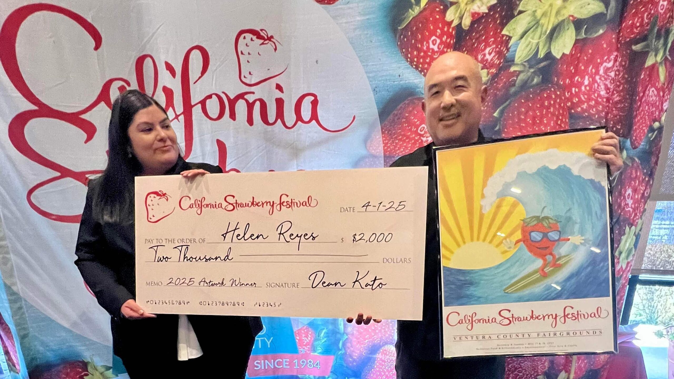 Winner Helen Reyes of Azusa, CA, with 2025 Strawberry Festival poster she created.