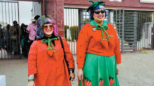 Two women dressed in strawberry themed outfits