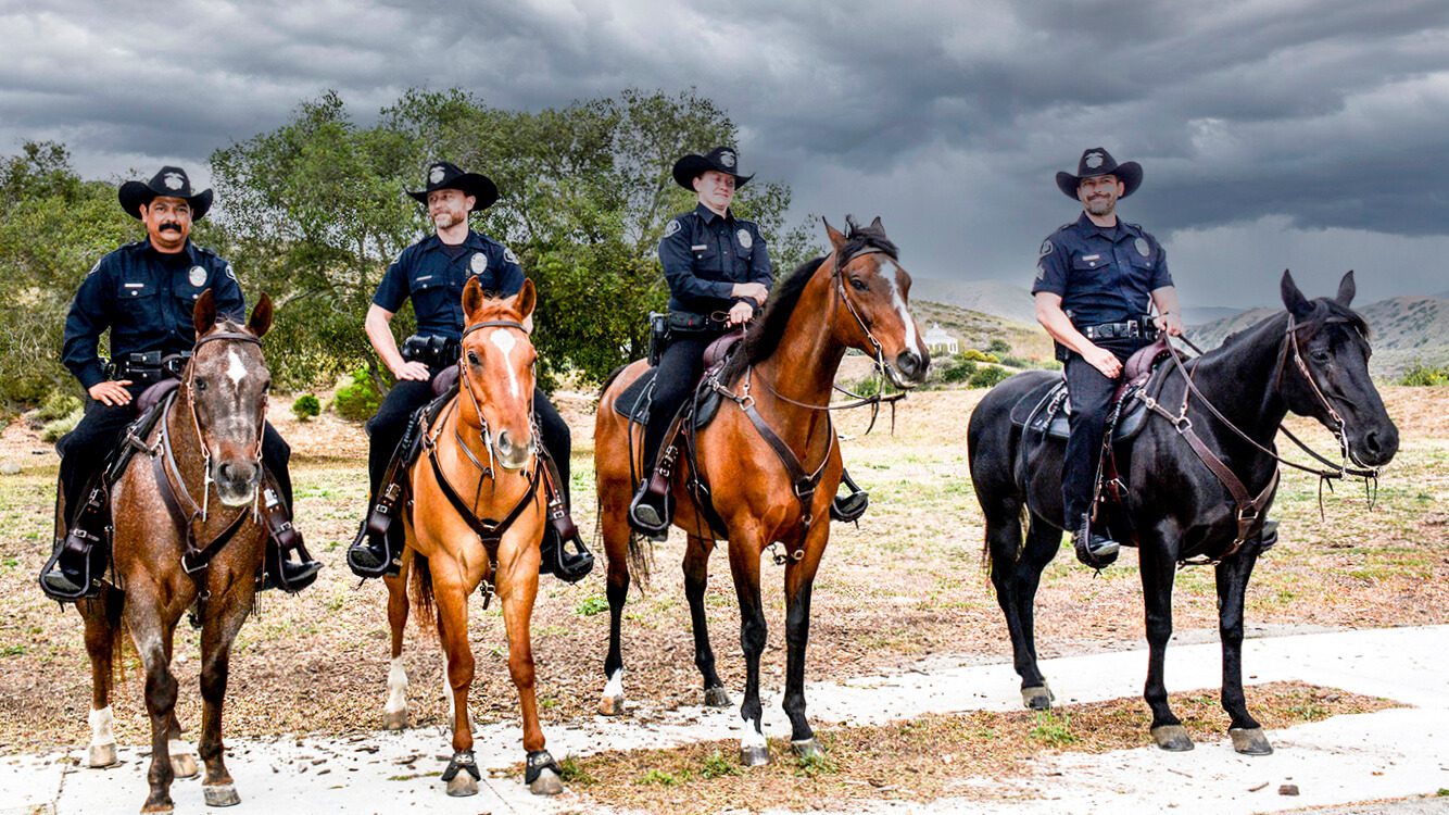 Four mounted police offices and horses