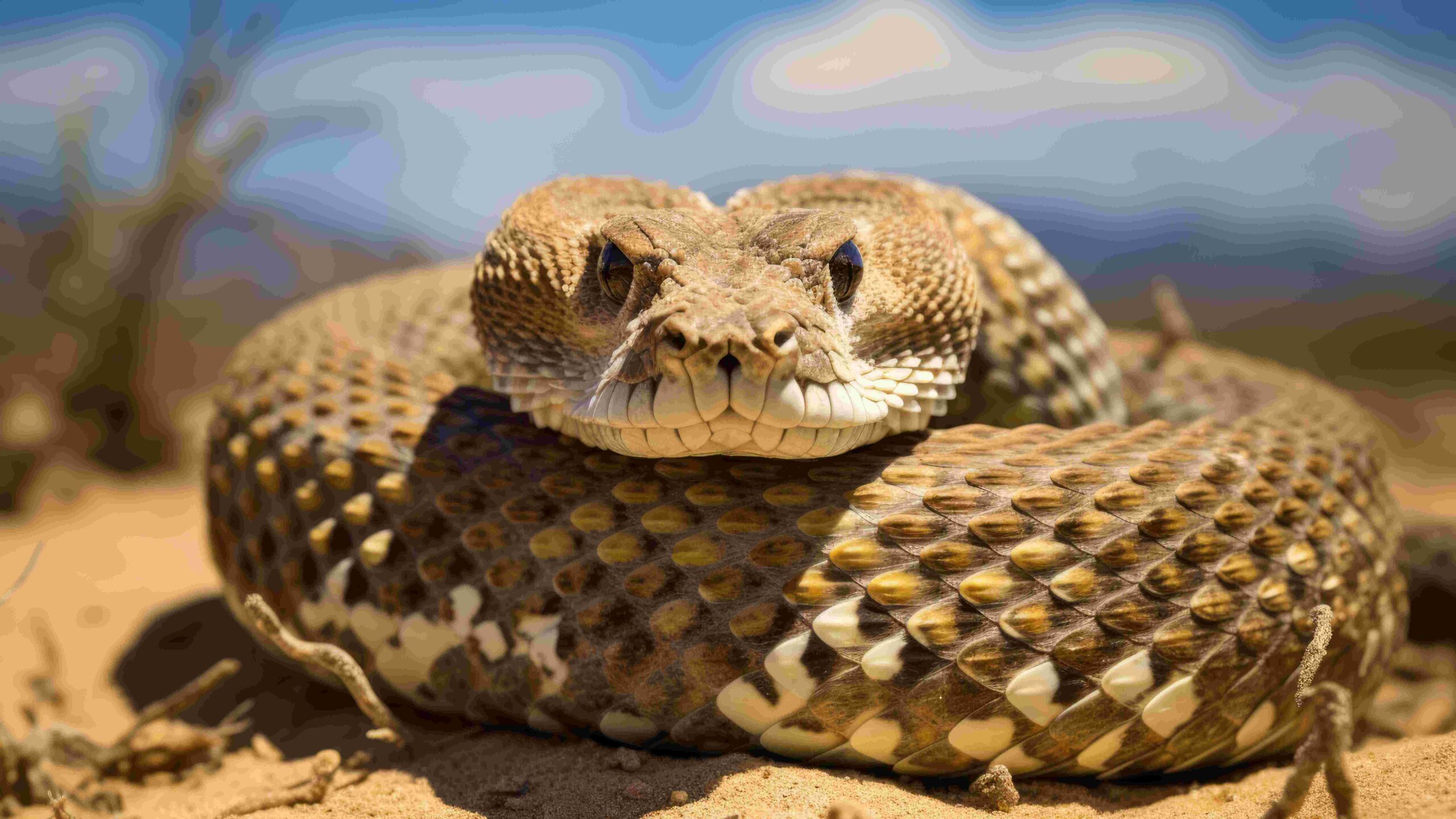 Closeup of a rattlesnake curled up and looking at the camera
