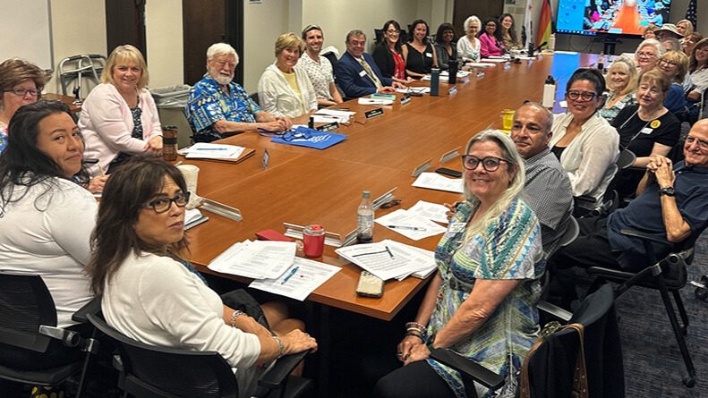 Members of Advisory Council sitting around a table covered in papers and reports.