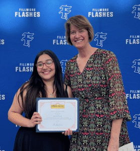 First Place Winner of Justice For All Ventura County’s Young Activist Essay Contest, Diana Martinez, Fillmore High School, with Kristen Young, JFAVC supporter.