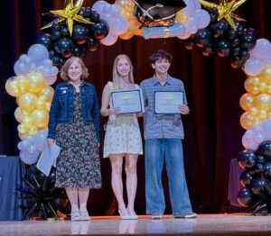 Third Place Winner Gabriel Aversa, with Honorable Mention winner Maisie Hatler, Ventura High School, with Miriam Mack, JFAVC Board Member.