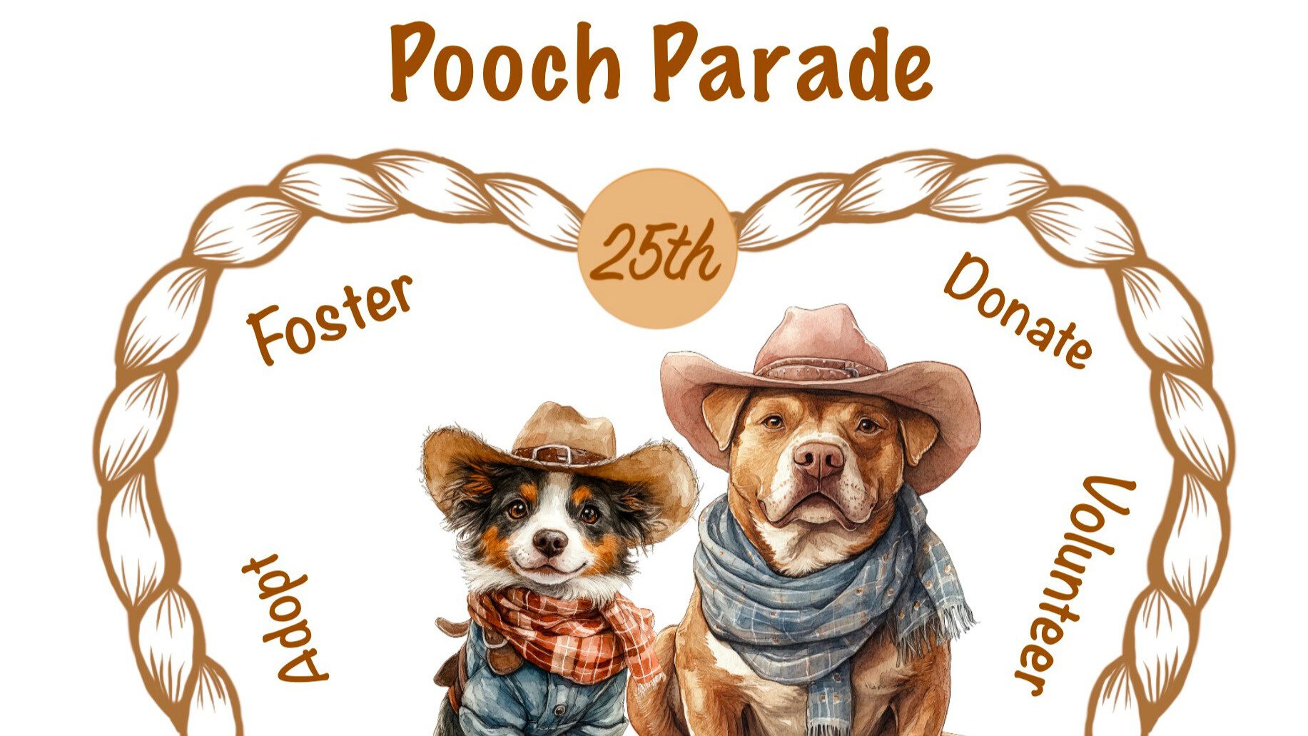 Graphic with two dogs wearing cowboy hats inside a heart made of rope with a heading saying 