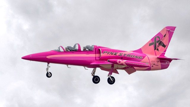 The L‑39 Albatros, piloted by Stephanie Goetz, painted in vibrant bubblegum pink and adorned with breast-cancer awareness ribbons, made a statement that was both visual and emotional.