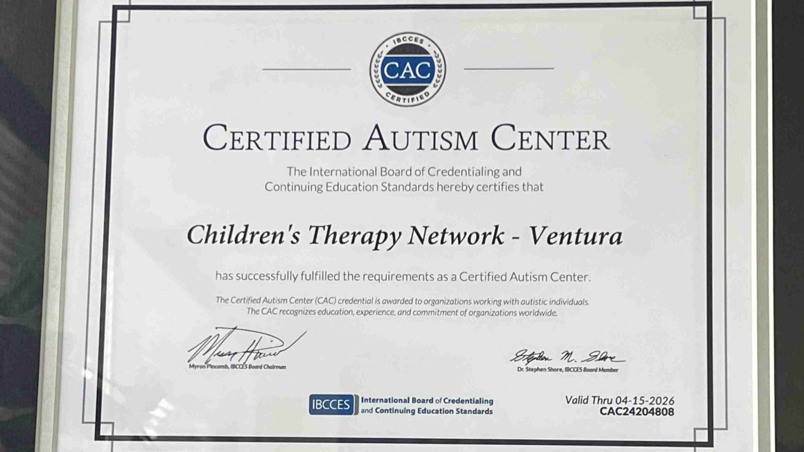 Certified Autism Center Certificate