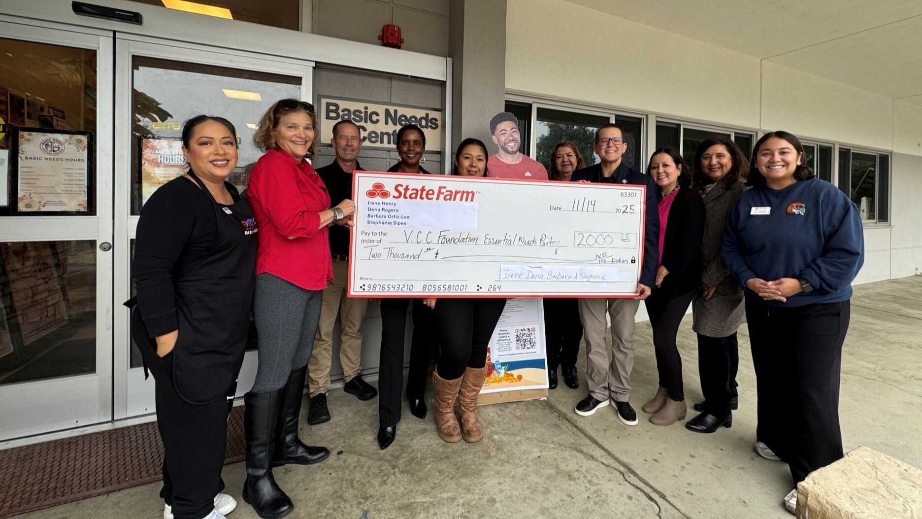 From left: State Farm agents Stephanie Sipes and Barbara Ortiz-Lee; Ventura College Interim President Dr. Luca Lewis; State Farm agents Dena Rogers and Irene Henry; Ventura College Foundation Director of Development Pete Parker; VC Essential Needs Pantry coordinator Vana Velazquez; Ventura College Financial Aid Officer & VC Essential Needs Pantry Specialist Maria Cristoso; and Jake from State Farm.
