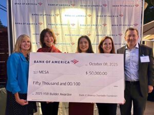 Midge Campbell-Thomas, president, Bank of America Ventura/Santa Barbara presents Mesa with the Neighborhood Builders grant for $50,000, which also includes leadership training for the executive director and an emerging leader. 