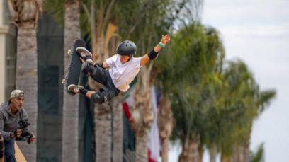 Skater launching off of ramp
