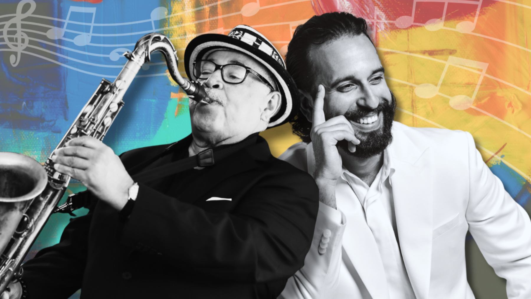 One man playing saxophone and the other putting finger against side of forehead