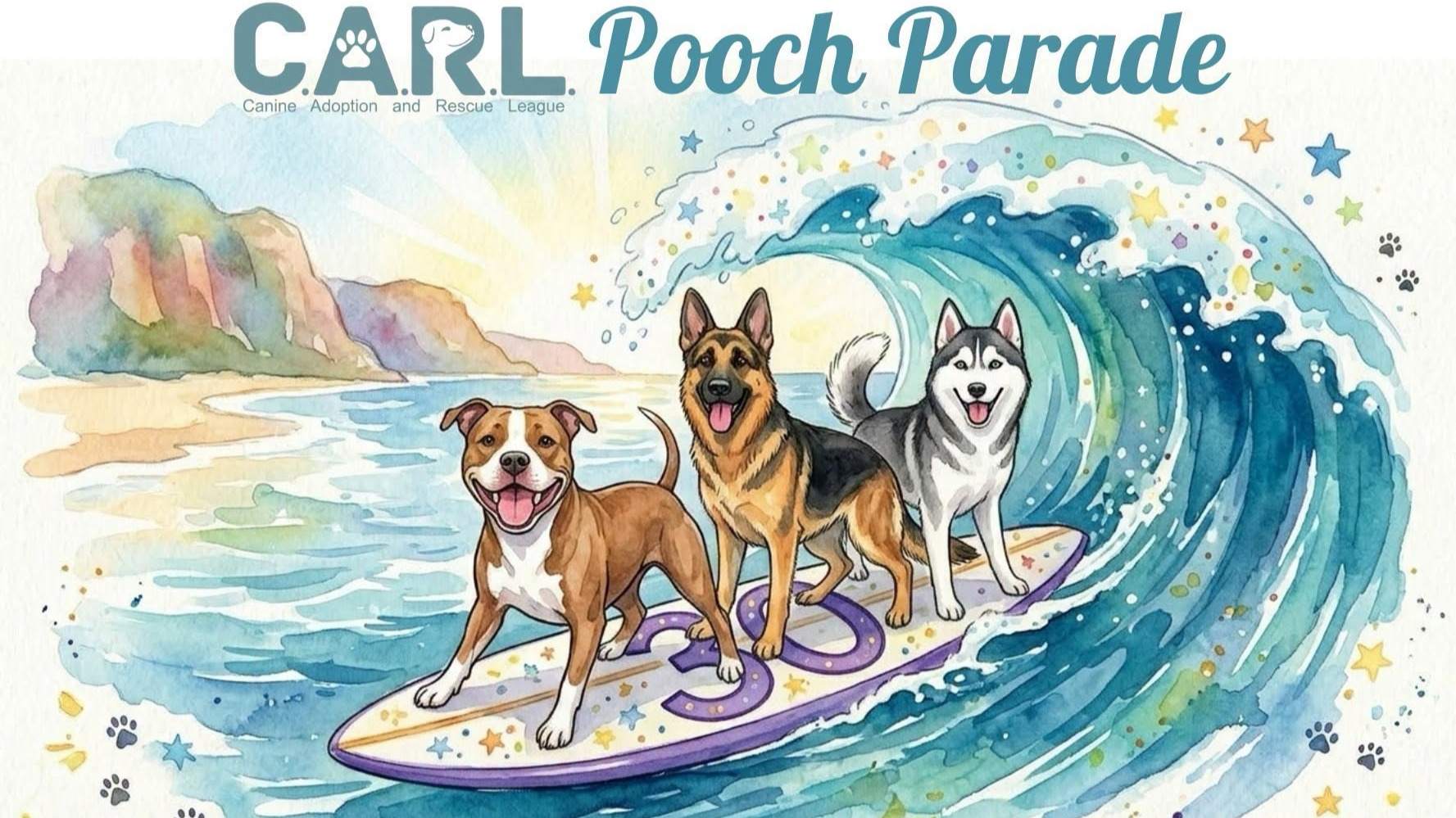 Image [romoting CARL Pooch Parade with drawing of three dogs riding surf on surfboard.