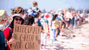 People protesting fracking at beach